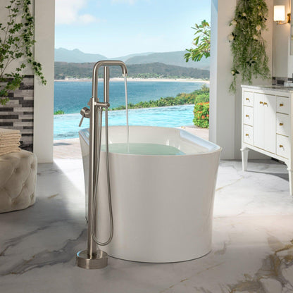 WoodBridge F0070BNRD Brushed Nickel Contemporary Single Handle Floor Mount Freestanding Tub Filler Faucet With Cylinder Style Hand Shower