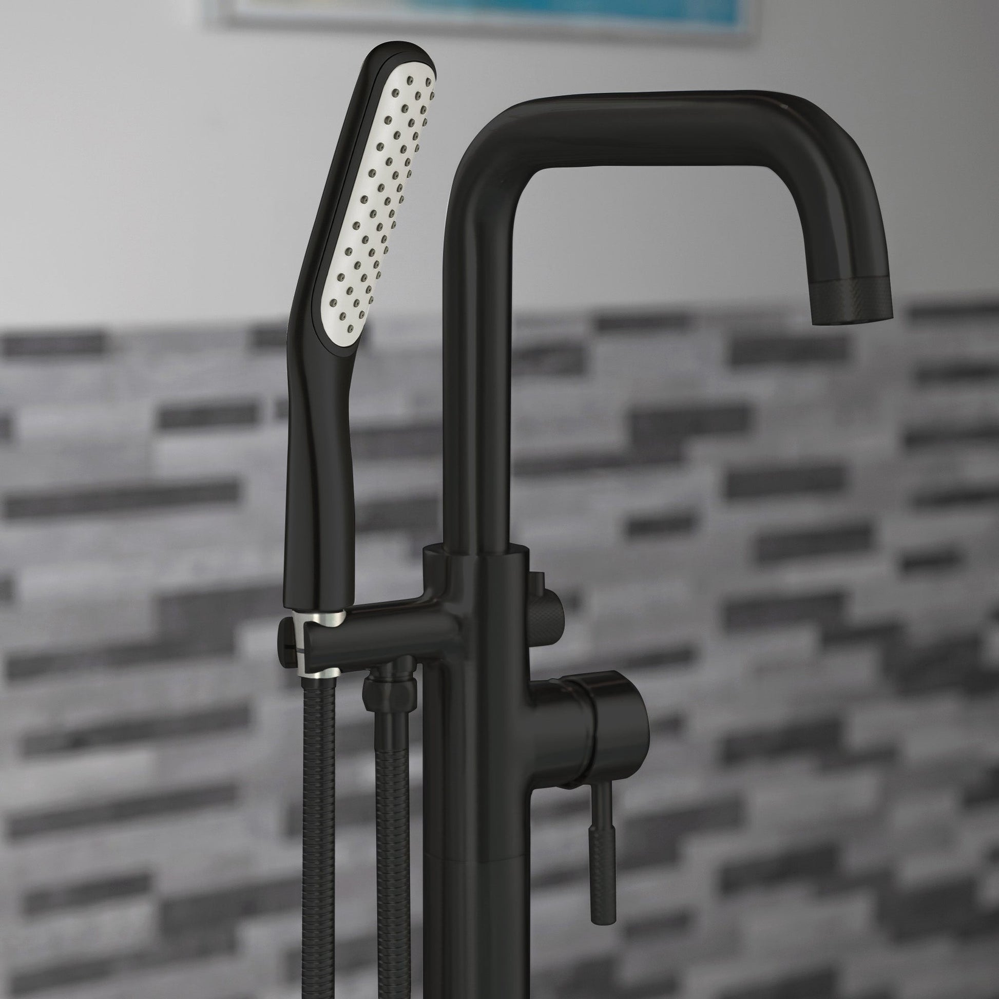 WoodBridge F0072MBSQ Matte Black Fusion Single Handle Floor Mount Freestanding Tub Filler Faucet With Square Shape Hand Shower