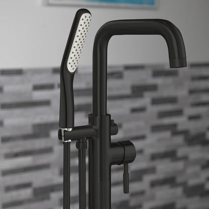 WoodBridge F0072MBSQ Matte Black Fusion Single Handle Floor Mount Freestanding Tub Filler Faucet With Square Shape Hand Shower