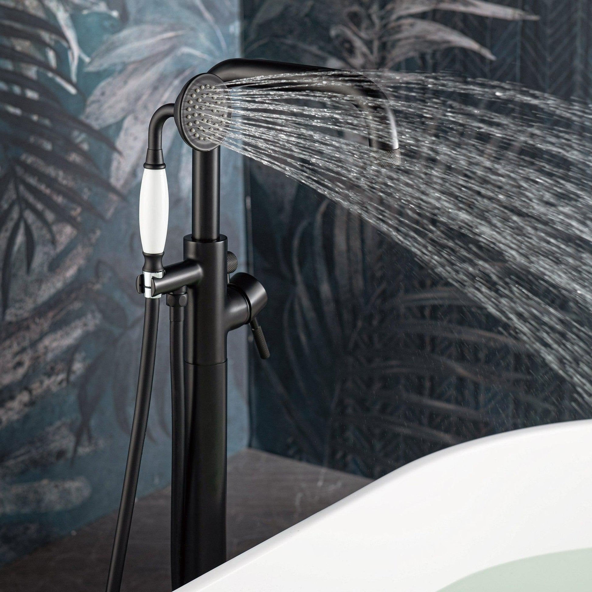 WoodBridge F0072MBVT Matte Black Single Handle Floor Mount Freestanding Tub Filler Faucet With Classic Telephone Style Hand Shower