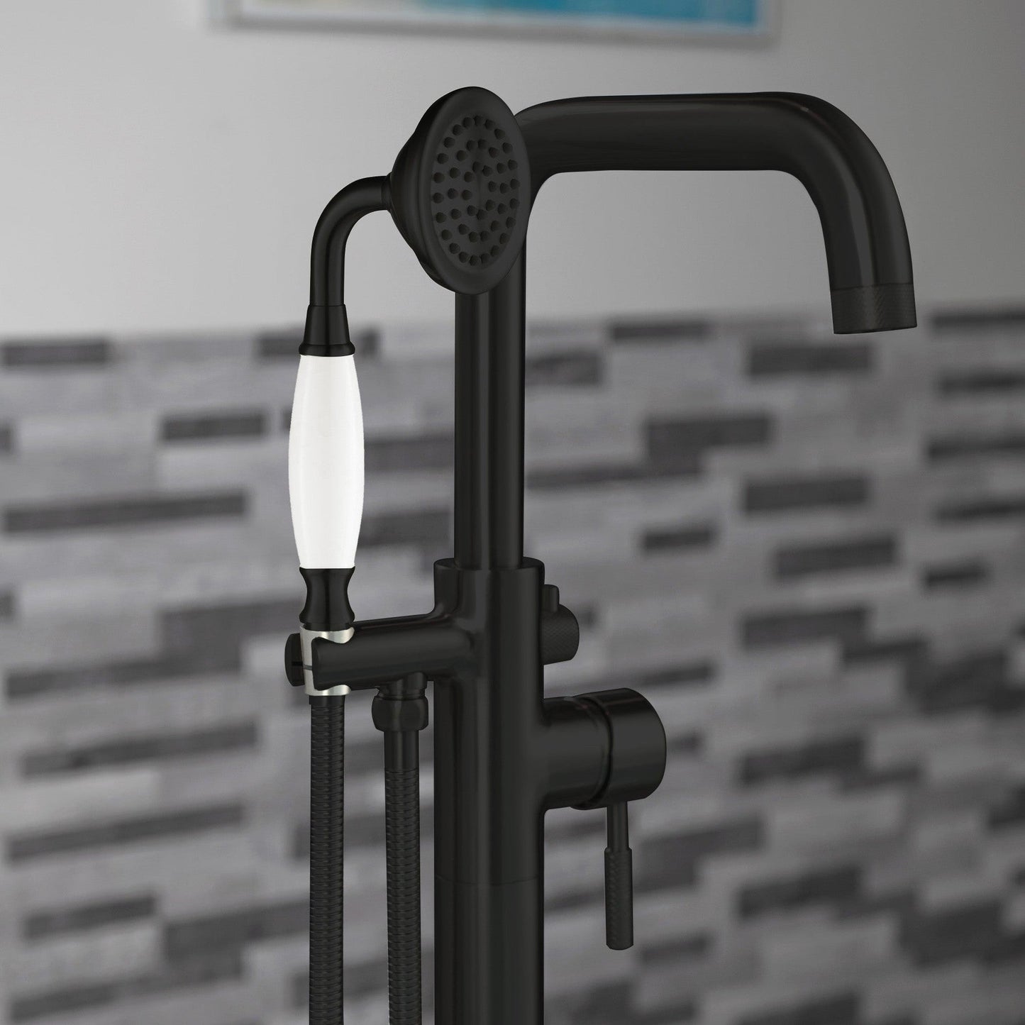 WoodBridge F0072MBVT Matte Black Single Handle Floor Mount Freestanding Tub Filler Faucet With Classic Telephone Style Hand Shower