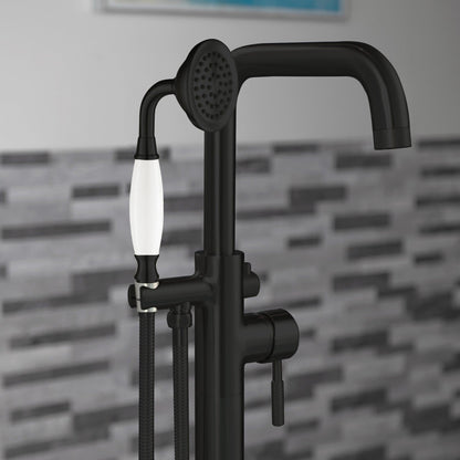 WoodBridge F0072MBVT Matte Black Single Handle Floor Mount Freestanding Tub Filler Faucet With Classic Telephone Style Hand Shower