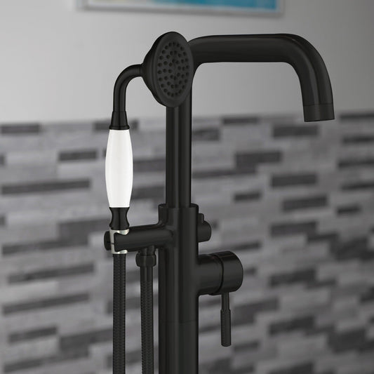 WoodBridge F0072MBVT Matte Black Single Handle Floor Mount Freestanding Tub Filler Faucet With Classic Telephone Style Hand Shower