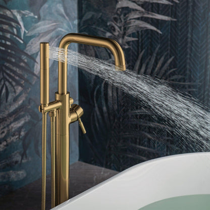 WoodBridge F0073BGDR Brushed Gold Contemporary Single Handle Floor Mount Freestanding Tub Filler Faucet With 2-Function Cylinder Style Hand Shower