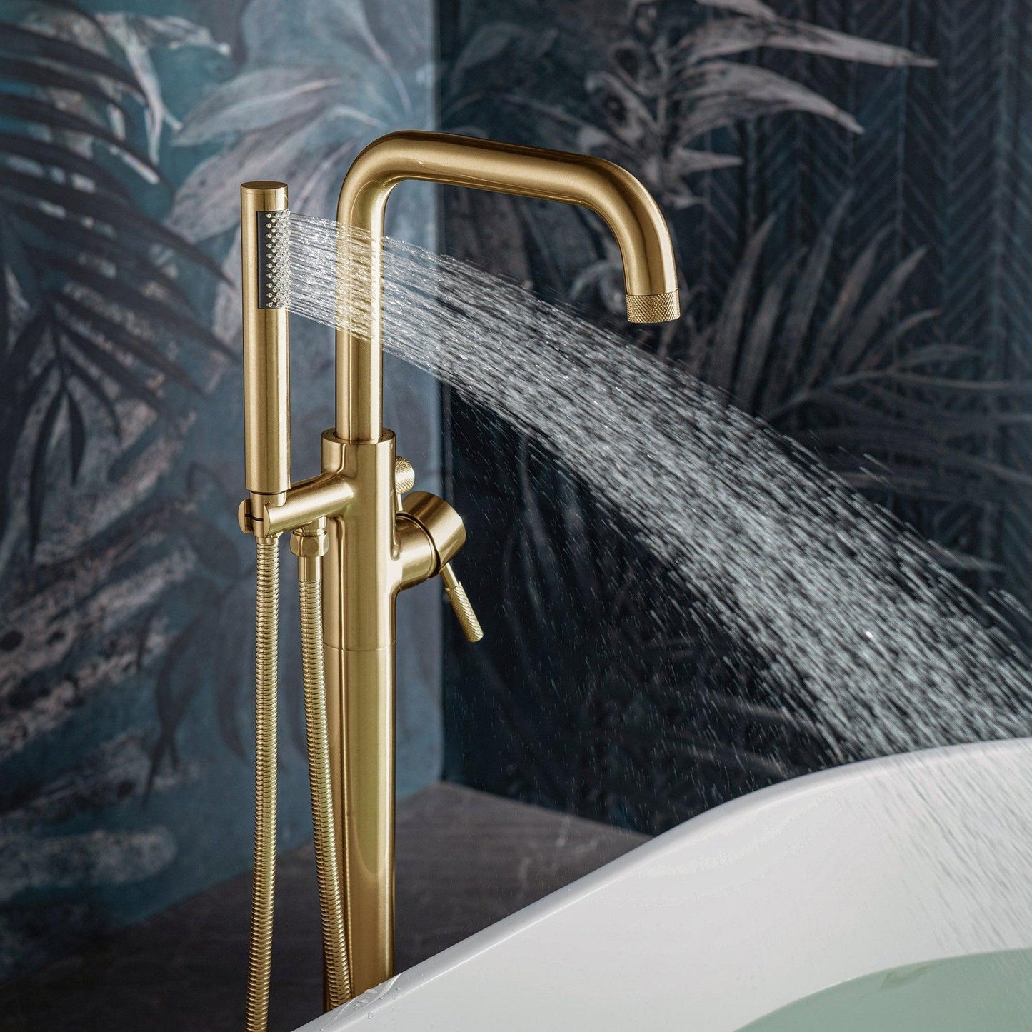 WoodBridge F0073BGRD Brushed Gold Contemporary Single Handle Floor Mount Freestanding Tub Filler Faucet With Cylinder Style Hand Shower