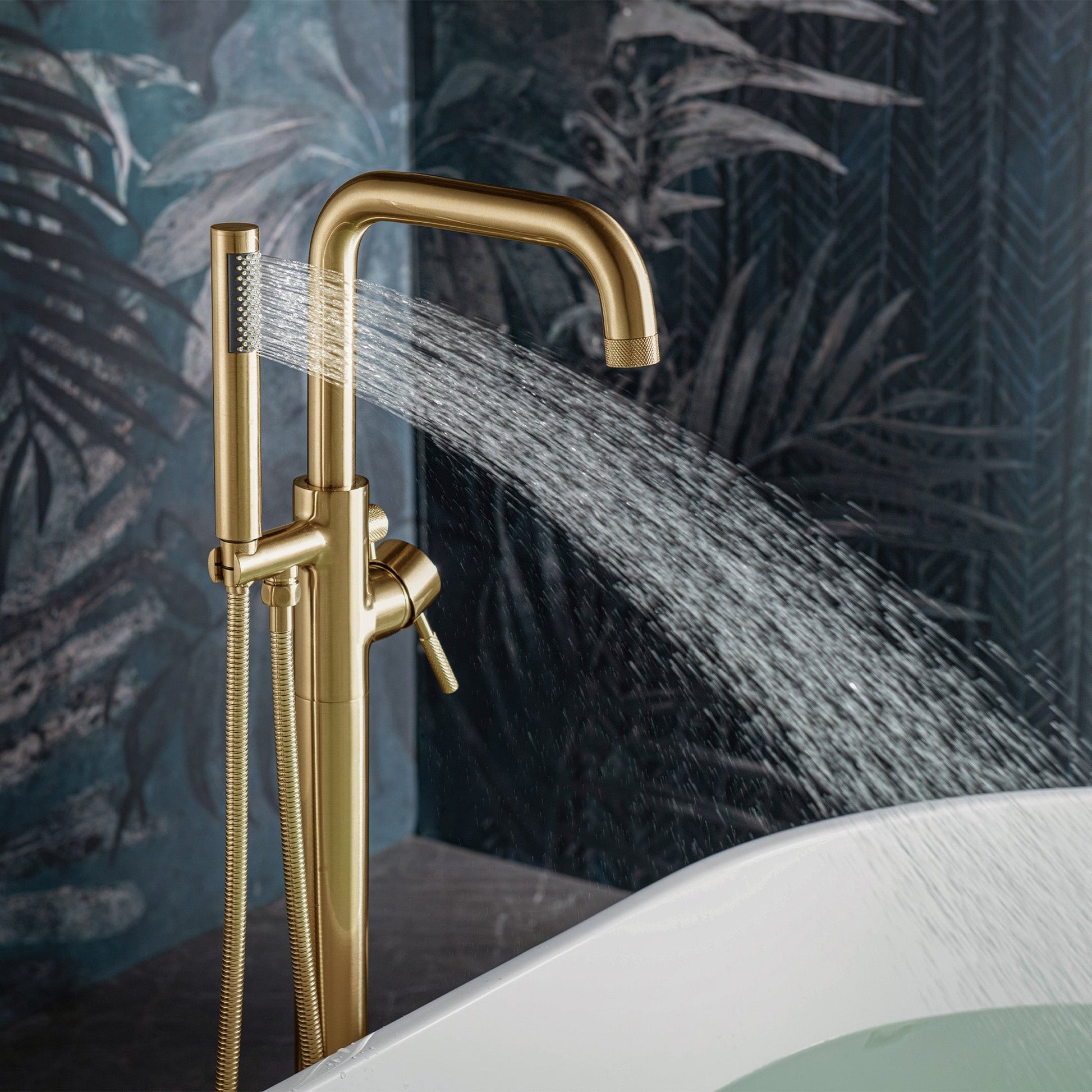 WoodBridge F0073BGRD Brushed Gold Contemporary Single Handle Floor Mount Freestanding Tub Filler Faucet With Cylinder Style Hand Shower