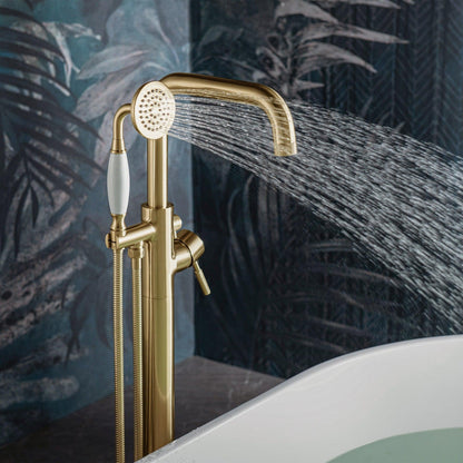 WoodBridge F0073BGVT Brushed Gold Single Handle Floor Mount Freestanding Tub Filler Faucet With Classic Telephone Style Hand Shower