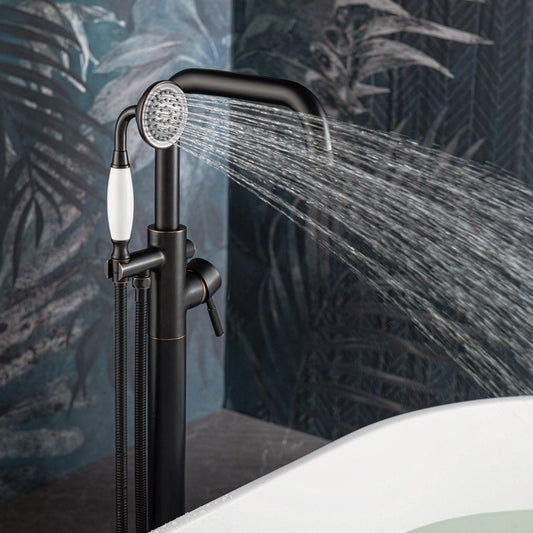 WoodBridge F0074ORBVT Oil Rubbed Bronze Single Handle Floor Mount Freestanding Tub Filler Faucet With Classic Telephone Style Hand Shower