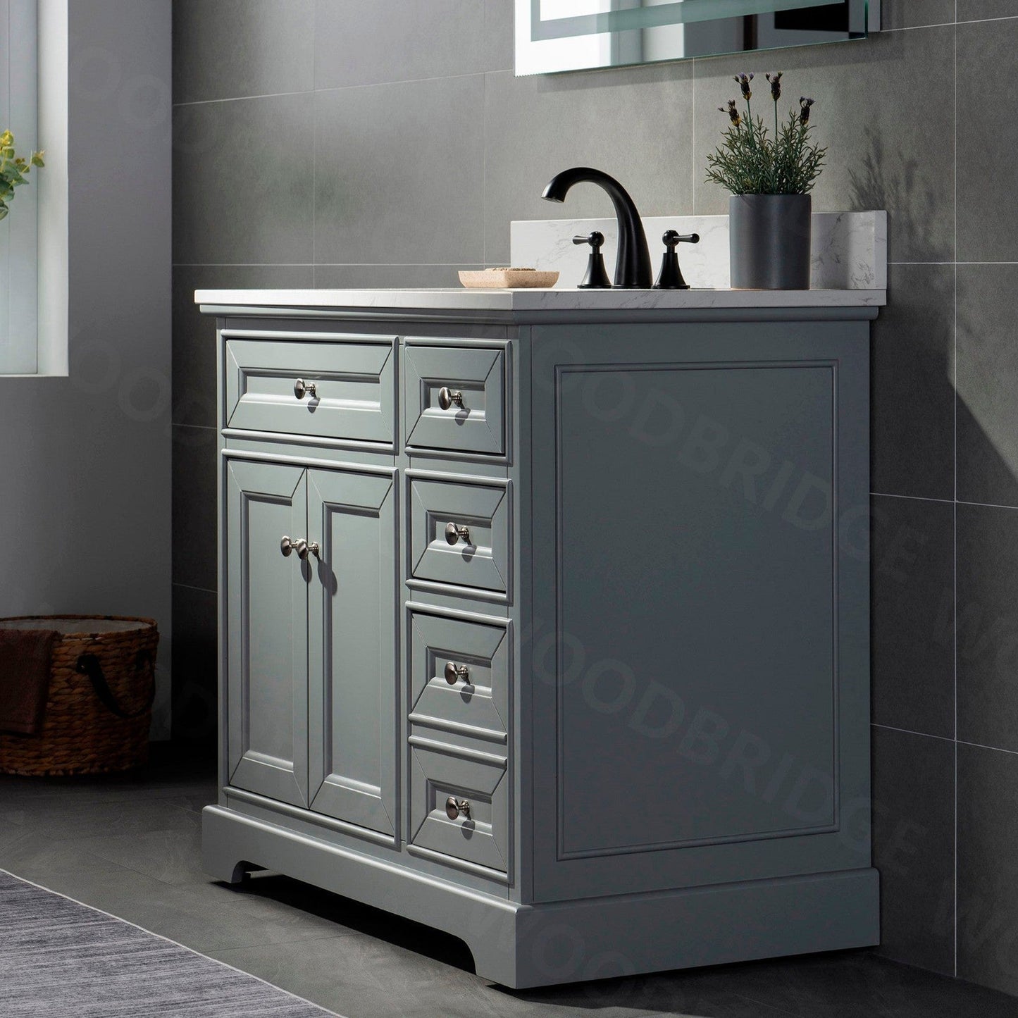 WoodBridge London 36" Gray Solid Wood Bathroom Vanity Base and Engineered Marble White Carrara Countertop, Rectangle Undermount Sink, Soft Closing Doors and 3 Full Extension Dovetail Drawers With 8" Faucet Holes