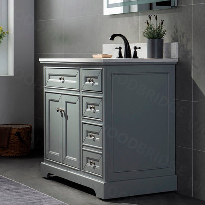WoodBridge London 36" Gray Solid Wood Bathroom Vanity Base and Engineered Marble White Carrara Countertop, Rectangle Undermount Sink, Soft Closing Doors and 3 Full Extension Dovetail Drawers With 8" Faucet Holes