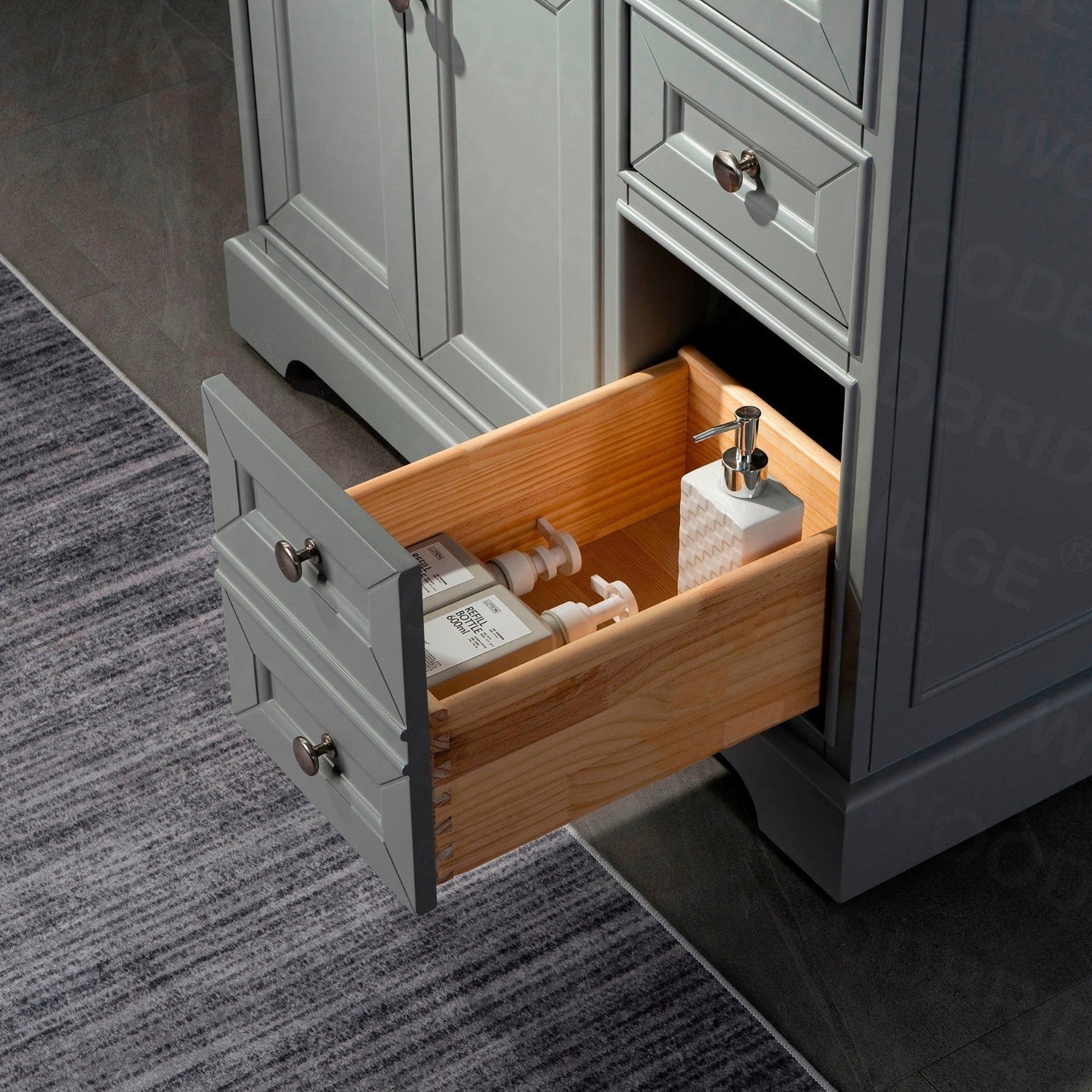 WoodBridge London 36" Gray Solid Wood Bathroom Vanity Base and Engineered Marble White Carrara Countertop, Rectangle Undermount Sink, Soft Closing Doors and 3 Full Extension Dovetail Drawers With 8" Faucet Holes