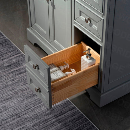 WoodBridge London 36" Gray Solid Wood Bathroom Vanity Base and Engineered Marble White Carrara Countertop, Rectangle Undermount Sink, Soft Closing Doors and 3 Full Extension Dovetail Drawers With 8" Faucet Holes