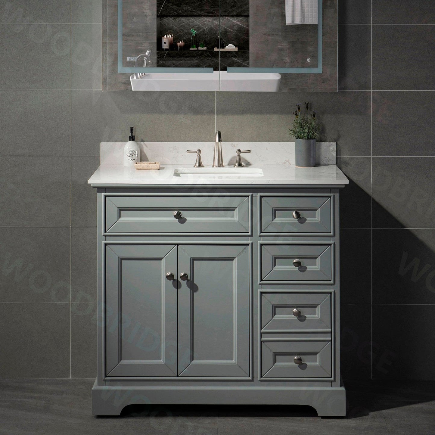 WoodBridge London 36" Gray Solid Wood Bathroom Vanity Base and Engineered Marble White Carrara Countertop, Rectangle Undermount Sink, Soft Closing Doors and 3 Full Extension Dovetail Drawers With 8" Faucet Holes