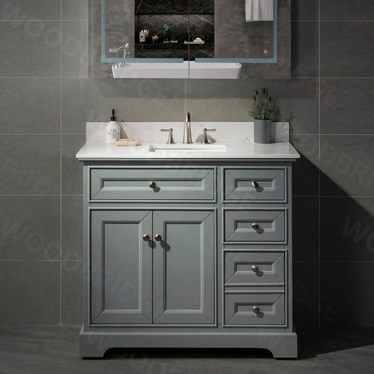 WoodBridge London 36" Gray Solid Wood Bathroom Vanity Base and Engineered Marble White Carrara Countertop, Rectangle Undermount Sink, Soft Closing Doors and 3 Full Extension Dovetail Drawers With 8" Faucet Holes