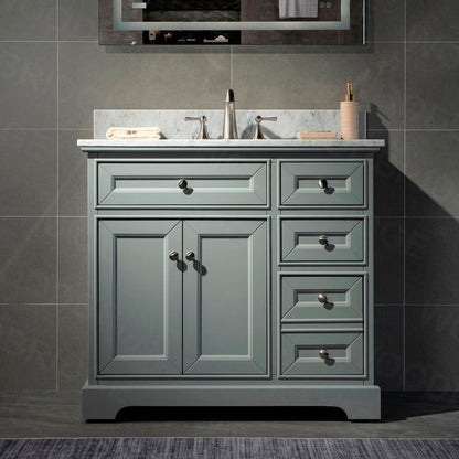 WoodBridge London 36" Gray Solid Wood Bathroom Vanity Base and Italian Carrara Marble Top, Rectangle Undermount Sink, Soft Closing Doors and 3 Full Extension Dovetail Drawers With 4" Faucet Holes
