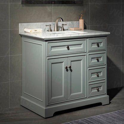 WoodBridge London 36" Gray Solid Wood Bathroom Vanity Base and Italian Carrara Marble Top, Rectangle Undermount Sink, Soft Closing Doors and 3 Full Extension Dovetail Drawers With 4" Faucet Holes