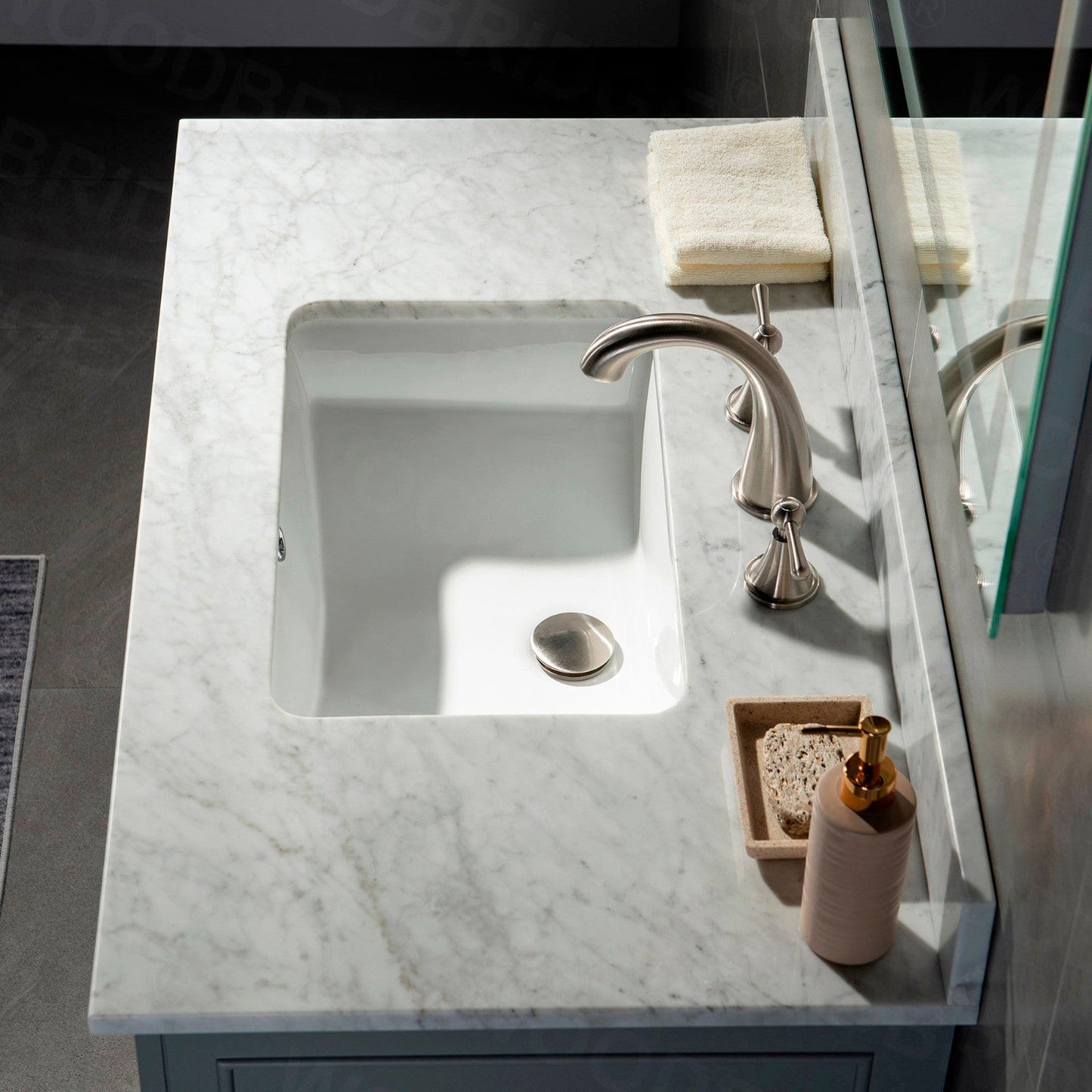 WoodBridge London 36" Gray Solid Wood Bathroom Vanity Base and Italian Carrara Marble Top, Rectangle Undermount Sink, Soft Closing Doors and 3 Full Extension Dovetail Drawers With 4" Faucet Holes