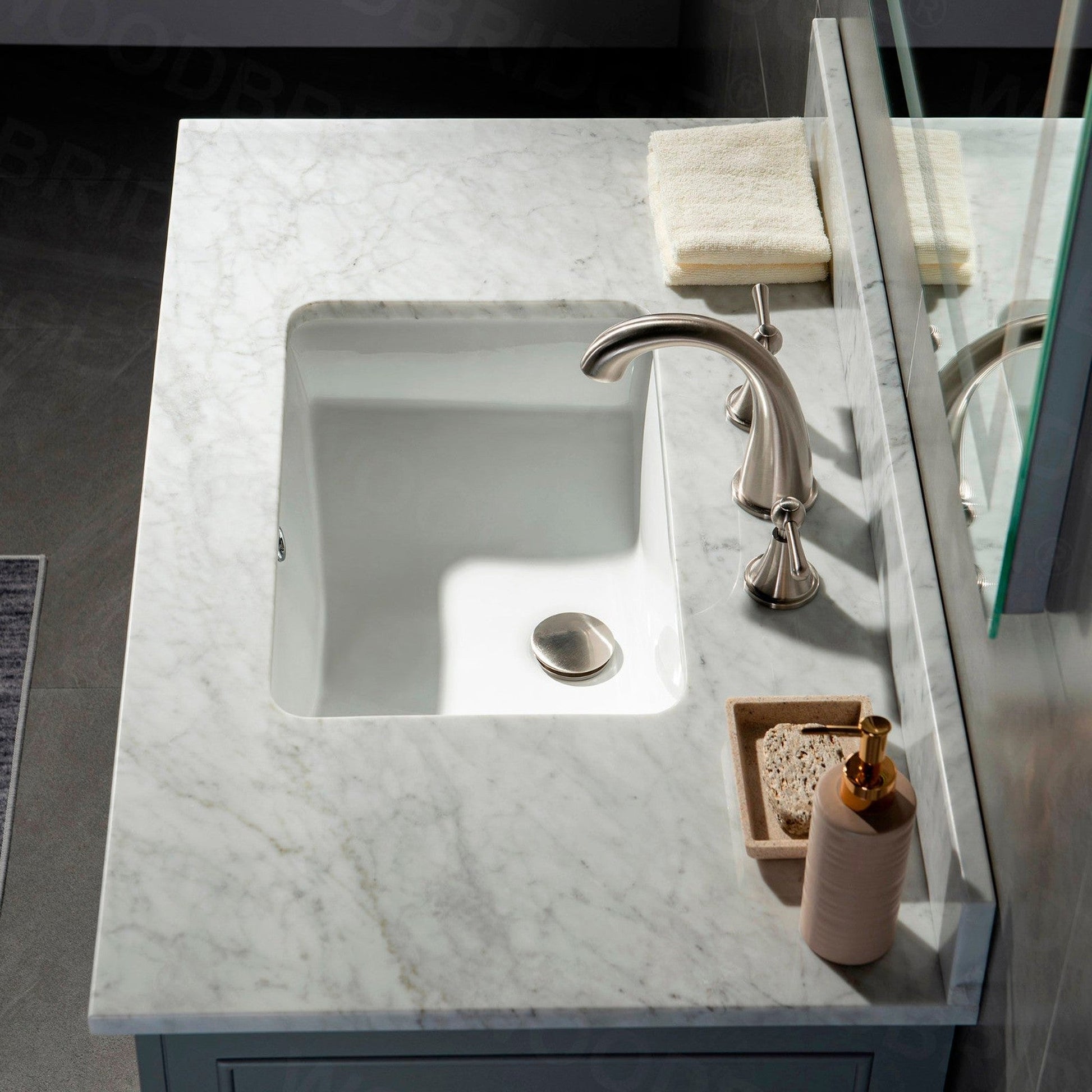 WoodBridge London 36" Gray Solid Wood Bathroom Vanity Base and Italian Carrara Marble Top, Rectangle Undermount Sink, Soft Closing Doors and 3 Full Extension Dovetail Drawers With 4" Faucet Holes