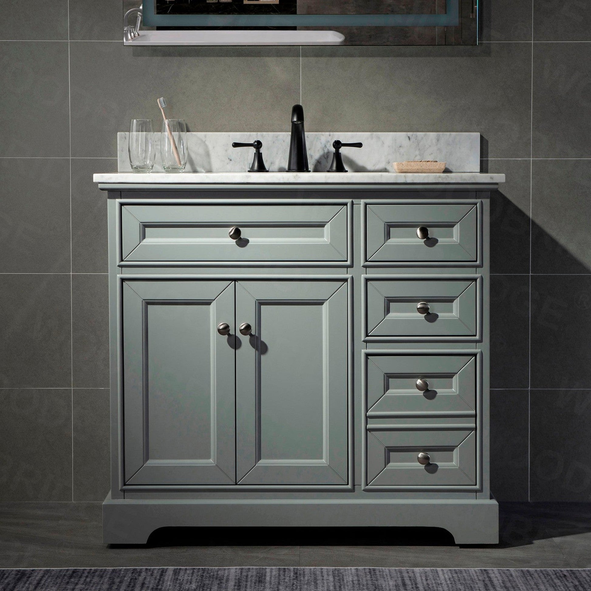 WoodBridge London 36" Gray Solid Wood Bathroom Vanity Base and Italian Carrara Marble Top, Rectangle Undermount Sink, Soft Closing Doors and 3 Full Extension Dovetail Drawers With 4" Faucet Holes