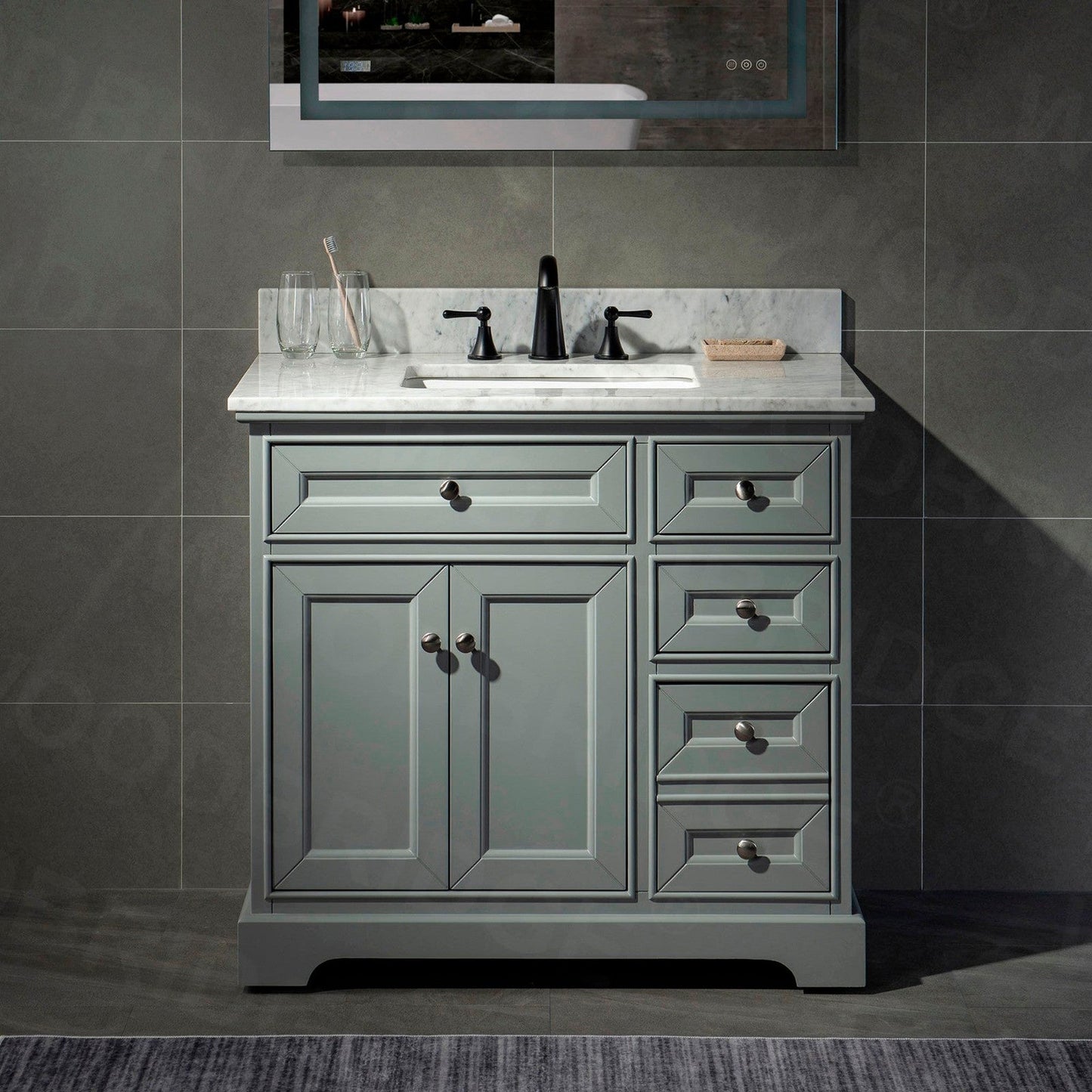 WoodBridge London 36" Gray Solid Wood Bathroom Vanity Base and Italian Carrara Marble Top, Rectangle Undermount Sink, Soft Closing Doors and 3 Full Extension Dovetail Drawers With 4" Faucet Holes