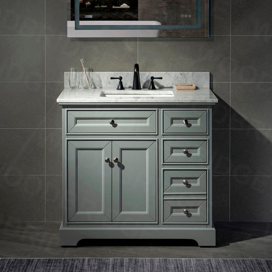 WoodBridge London 36" Gray Solid Wood Bathroom Vanity Base and Italian Carrara Marble Top, Rectangle Undermount Sink, Soft Closing Doors and 3 Full Extension Dovetail Drawers With 4" Faucet Holes