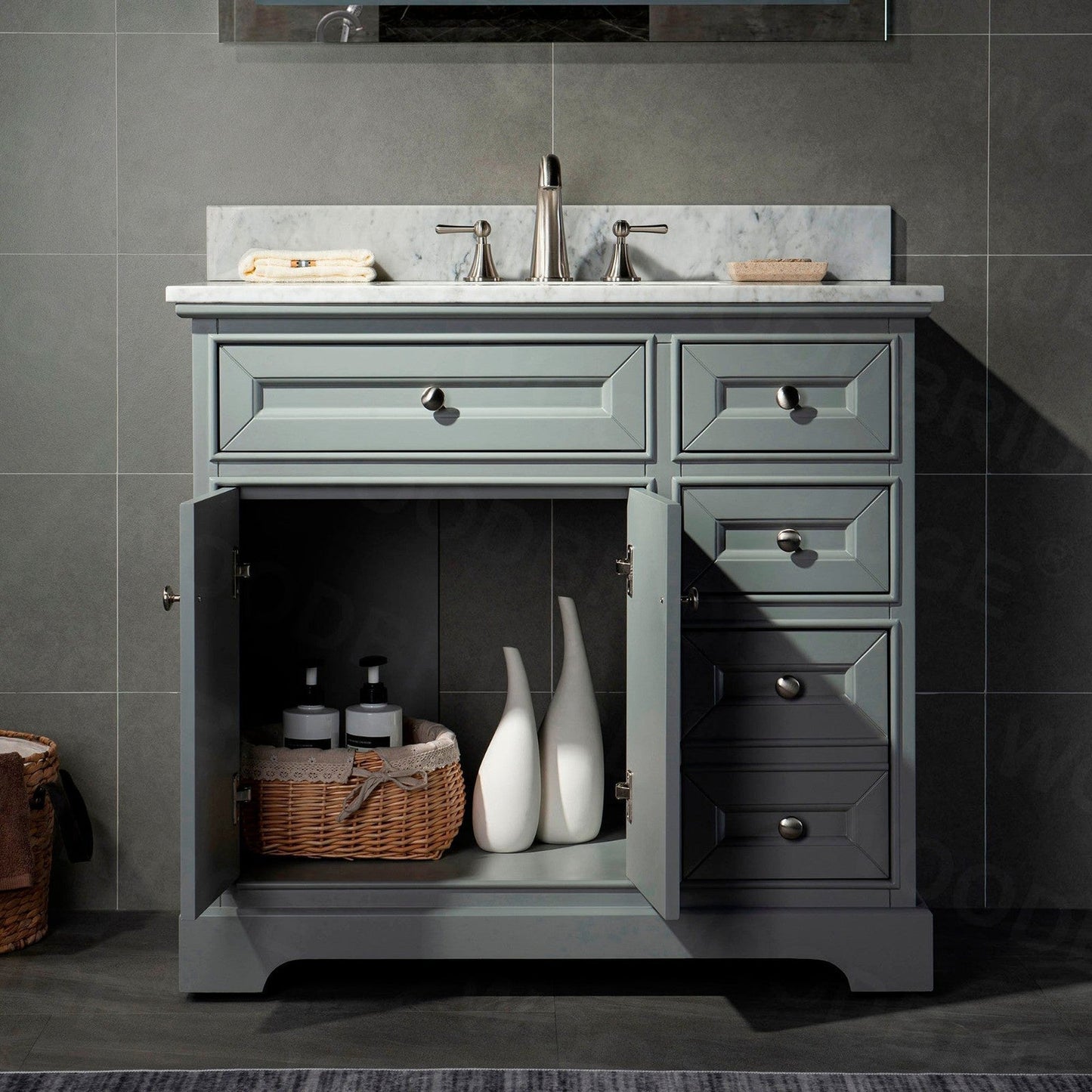WoodBridge London 36" Gray Solid Wood Bathroom Vanity Base and Italian Carrara Marble Top, Rectangle Undermount Sink, Soft Closing Doors and 3 Full Extension Dovetail Drawers With 8" Faucet Holes