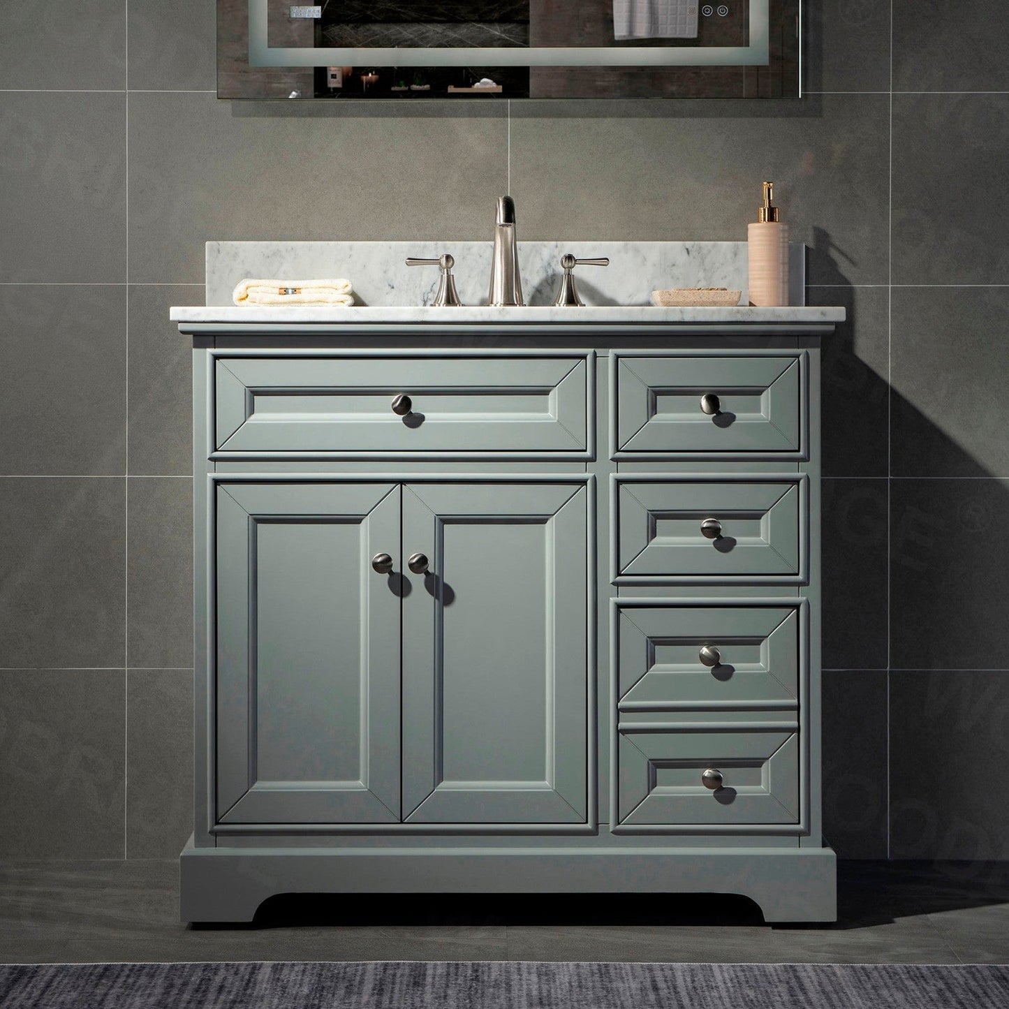 WoodBridge London 36" Gray Solid Wood Bathroom Vanity Base and Italian Carrara Marble Top, Rectangle Undermount Sink, Soft Closing Doors and 3 Full Extension Dovetail Drawers With 8" Faucet Holes