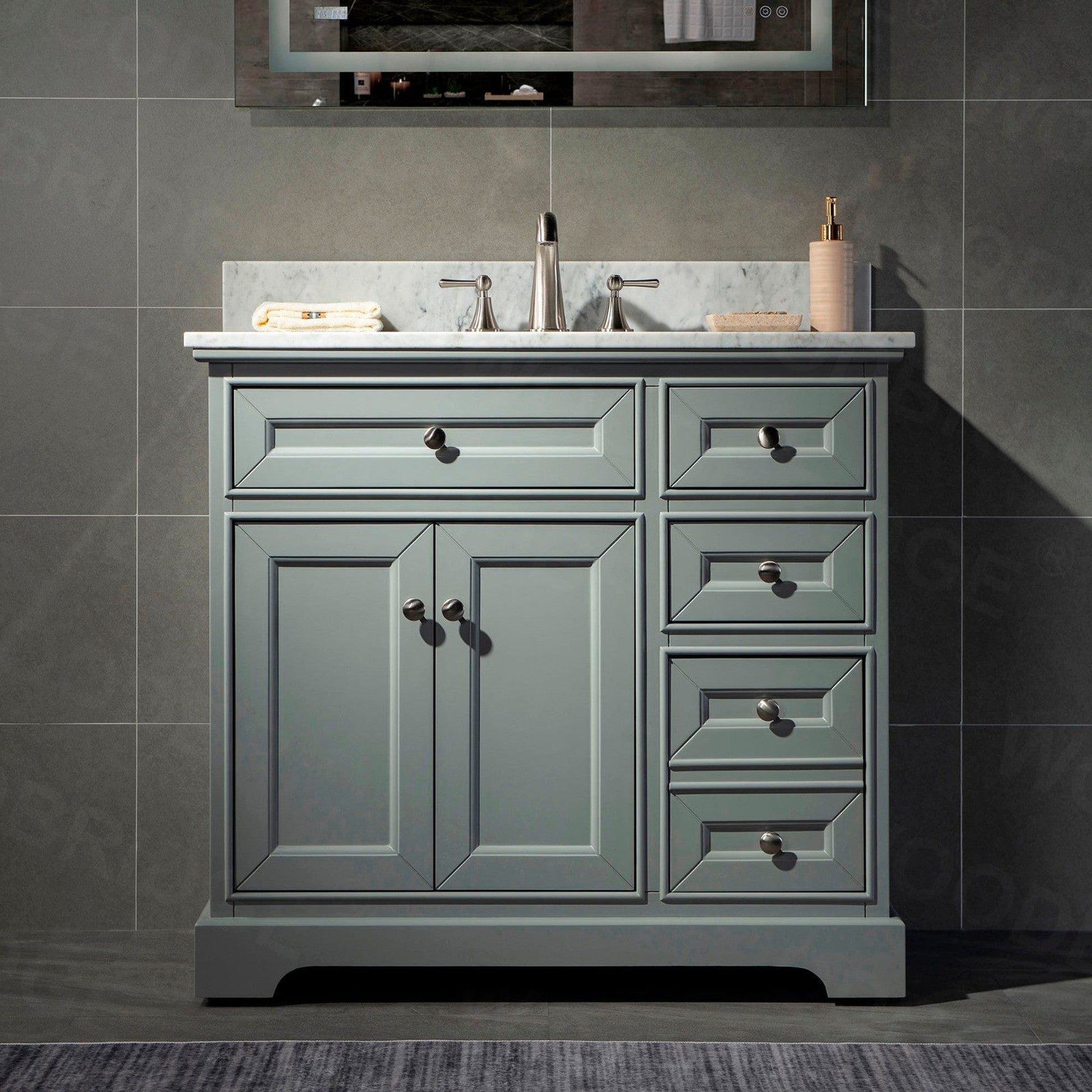 WoodBridge London 36" Gray Solid Wood Bathroom Vanity Base and Italian Carrara Marble Top, Rectangle Undermount Sink, Soft Closing Doors and 3 Full Extension Dovetail Drawers With 8" Faucet Holes