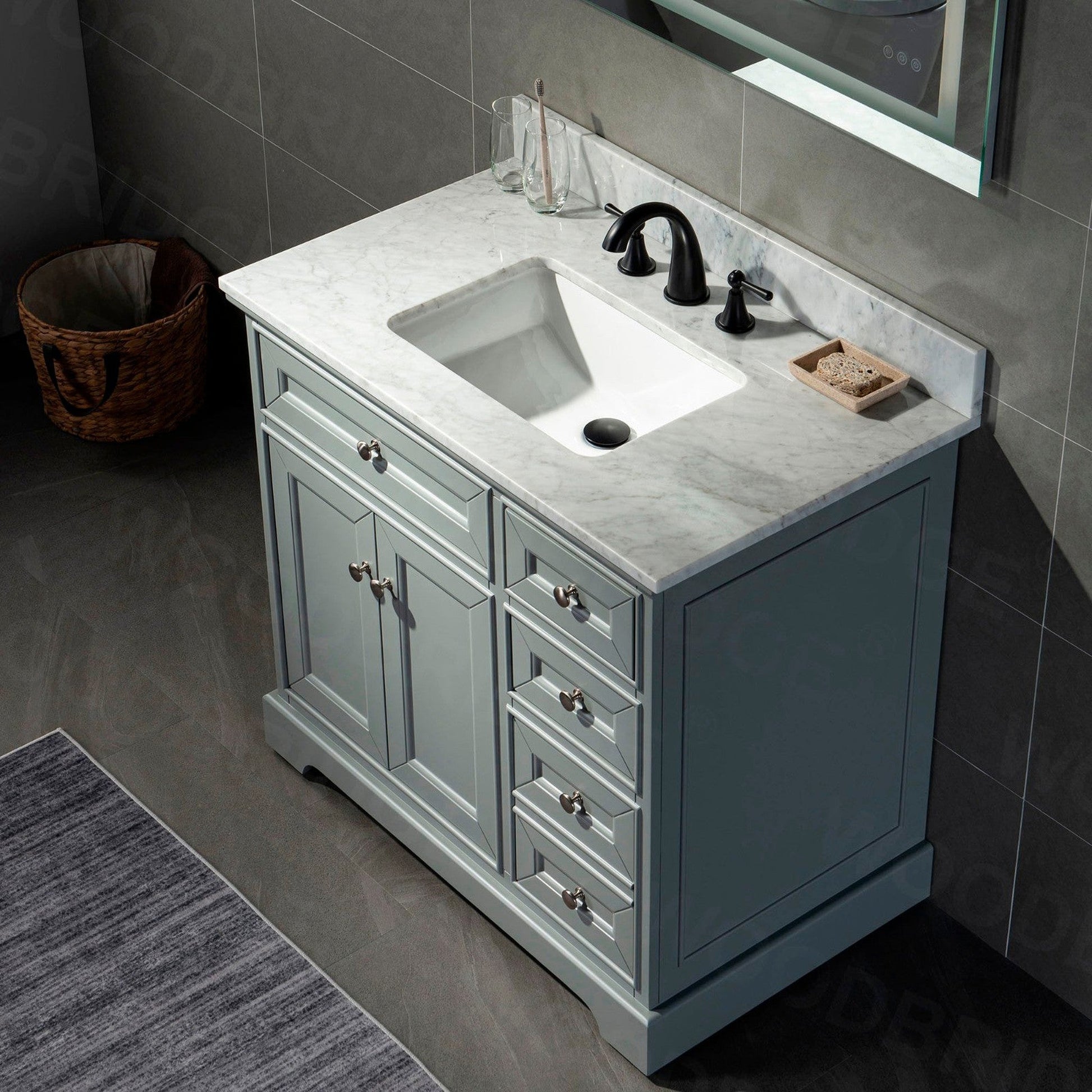 WoodBridge London 36" Gray Solid Wood Bathroom Vanity Base and Italian Carrara Marble Top, Rectangle Undermount Sink, Soft Closing Doors and 3 Full Extension Dovetail Drawers With 8" Faucet Holes