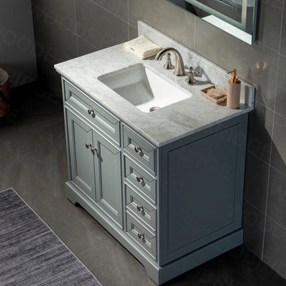 WoodBridge London 36" Gray Solid Wood Bathroom Vanity Base and Italian Carrara Marble Top, Rectangle Undermount Sink, Soft Closing Doors and 3 Full Extension Dovetail Drawers With 8" Faucet Holes