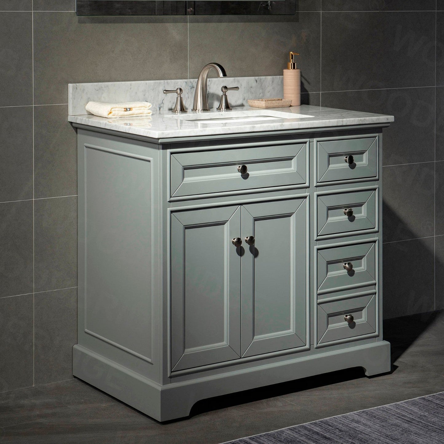 WoodBridge London 36" Gray Solid Wood Bathroom Vanity Base and Italian Carrara Marble Top, Rectangle Undermount Sink, Soft Closing Doors and 3 Full Extension Dovetail Drawers With 8" Faucet Holes