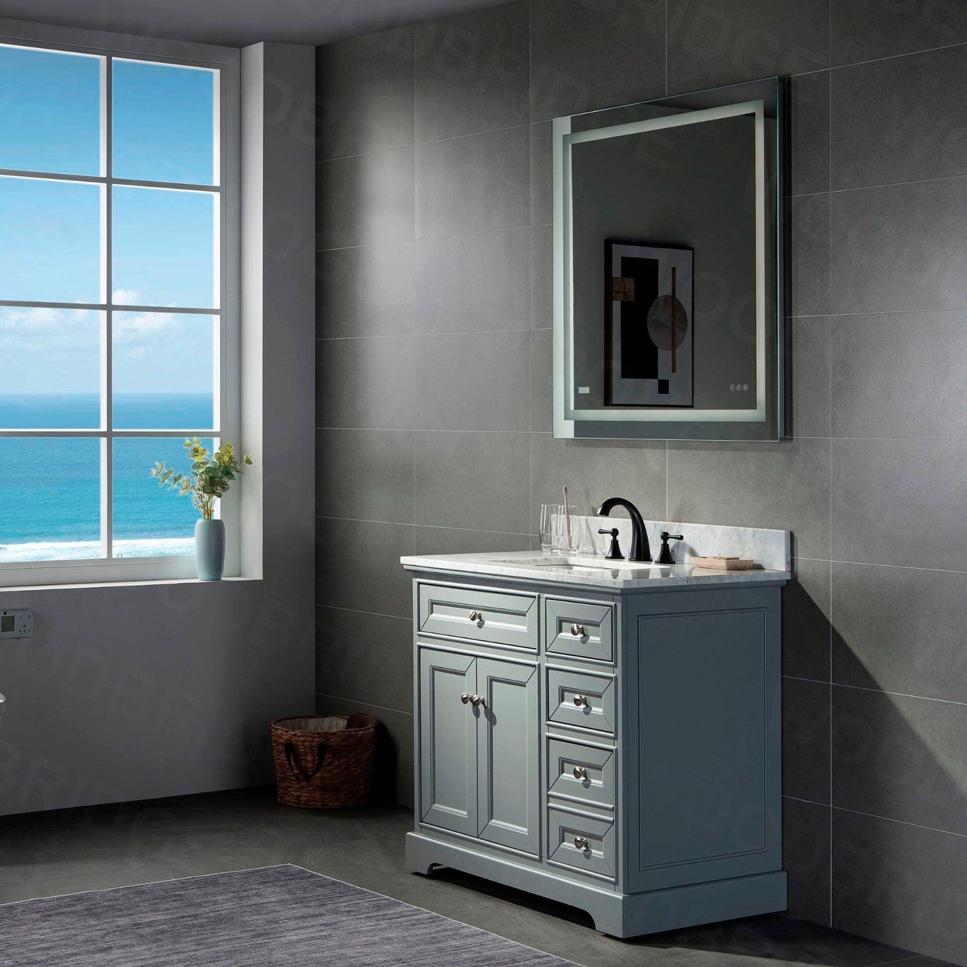WoodBridge London 36" Gray Solid Wood Bathroom Vanity Base and Italian Carrara Marble Top, Rectangle Undermount Sink, Soft Closing Doors and 3 Full Extension Dovetail Drawers With 8" Faucet Holes