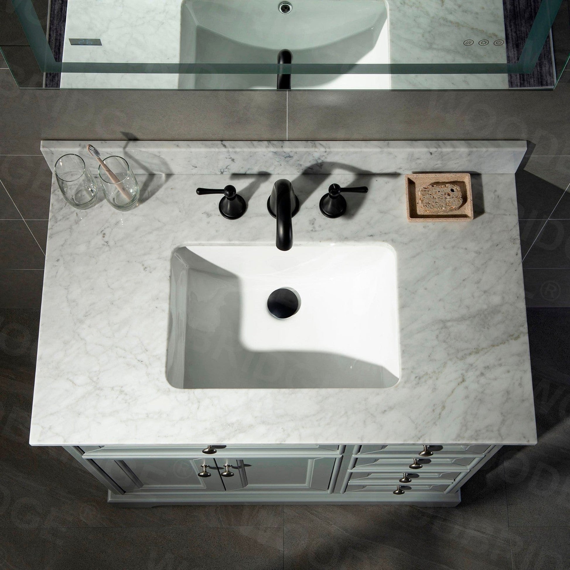 WoodBridge London 36" Gray Solid Wood Bathroom Vanity Base and Italian Carrara Marble Top, Rectangle Undermount Sink, Soft Closing Doors and 3 Full Extension Dovetail Drawers With 8" Faucet Holes