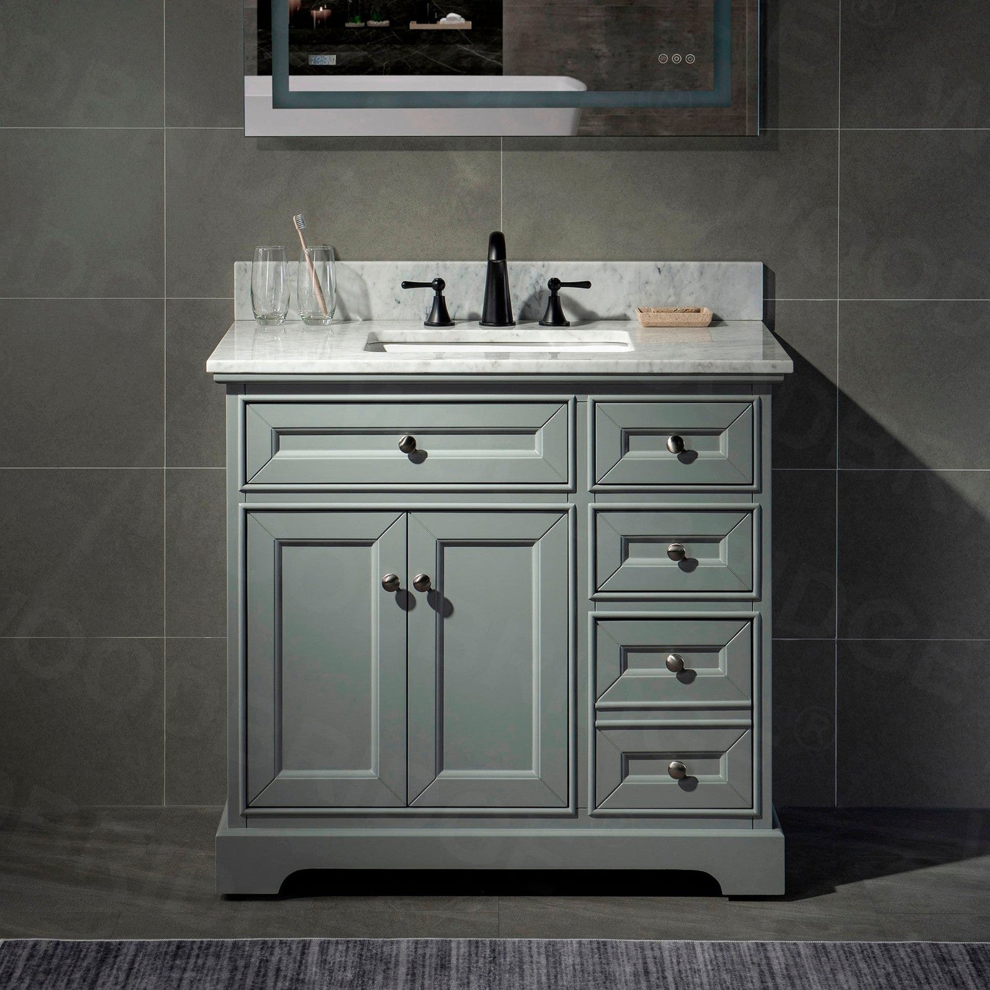 WoodBridge London 36" Gray Solid Wood Bathroom Vanity Base and Italian Carrara Marble Top, Rectangle Undermount Sink, Soft Closing Doors and 3 Full Extension Dovetail Drawers With 8" Faucet Holes