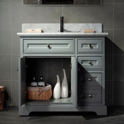 WoodBridge London 36" Gray Solid Wood Bathroom Vanity Base and Italian Carrara Marble Top, Rectangle Undermount Sink, Soft Closing Doors and 3 Full Extension Dovetail Drawers With Single Faucet Hole