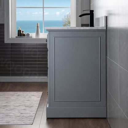 WoodBridge London 36" Gray Solid Wood Bathroom Vanity Base and Italian Carrara Marble Top, Rectangle Undermount Sink, Soft Closing Doors and 3 Full Extension Dovetail Drawers With Single Faucet Hole