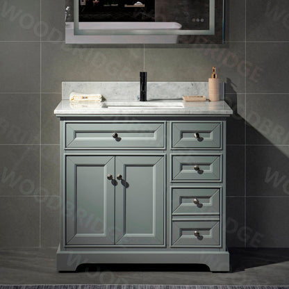 WoodBridge London 36" Gray Solid Wood Bathroom Vanity Base and Italian Carrara Marble Top, Rectangle Undermount Sink, Soft Closing Doors and 3 Full Extension Dovetail Drawers With Single Faucet Hole
