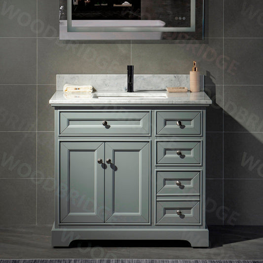 WoodBridge London 36" Gray Solid Wood Bathroom Vanity Base and Italian Carrara Marble Top, Rectangle Undermount Sink, Soft Closing Doors and 3 Full Extension Dovetail Drawers With Single Faucet Hole