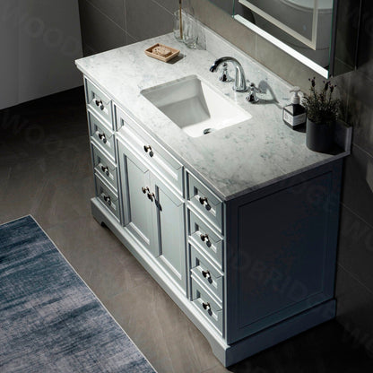 WoodBridge London 48" Gray Solid Wood Bathroom Vanity Base and Authentic Italian Carrara Marble Top, Rectangle Undermount Sink, 2 Soft Closing Doors and 6 Full Extension Dovetail Drawers With 8" Faucet Holes