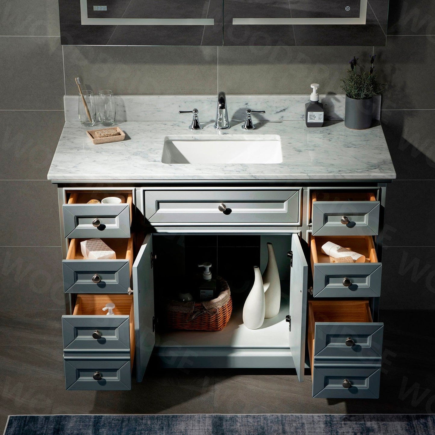WoodBridge London 48" Gray Solid Wood Bathroom Vanity Base and Authentic Italian Carrara Marble Top, Rectangle Undermount Sink, 2 Soft Closing Doors and 6 Full Extension Dovetail Drawers With 8" Faucet Holes