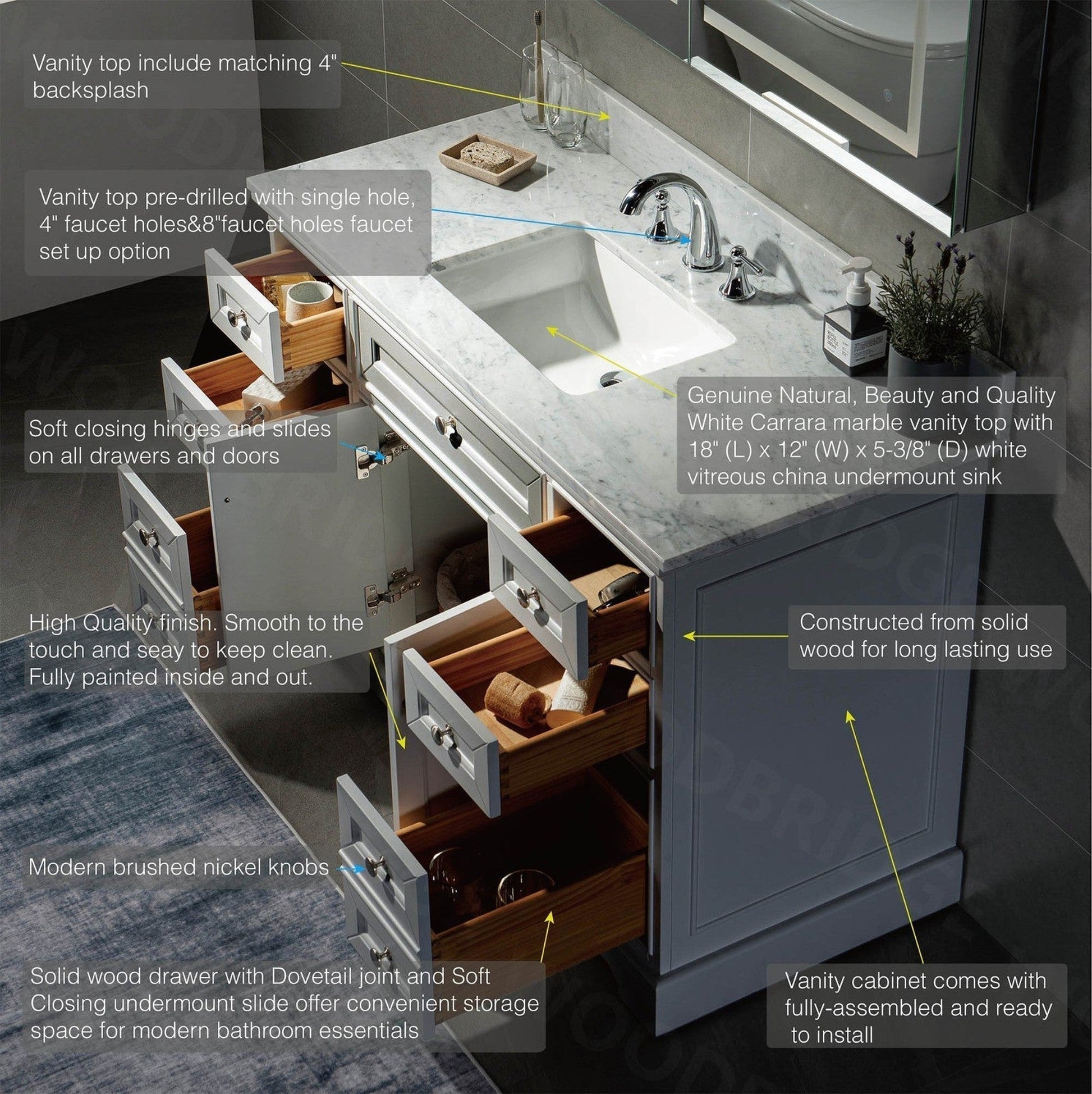 WoodBridge London 48" Gray Solid Wood Bathroom Vanity Base and Authentic Italian Carrara Marble Top, Rectangle Undermount Sink, 2 Soft Closing Doors and 6 Full Extension Dovetail Drawers With 8" Faucet Holes