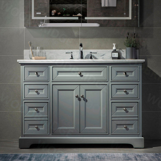 WoodBridge London 48" Gray Solid Wood Bathroom Vanity Base and Authentic Italian Carrara Marble Top, Rectangle Undermount Sink, 2 Soft Closing Doors and 6 Full Extension Dovetail Drawers With 8" Faucet Holes