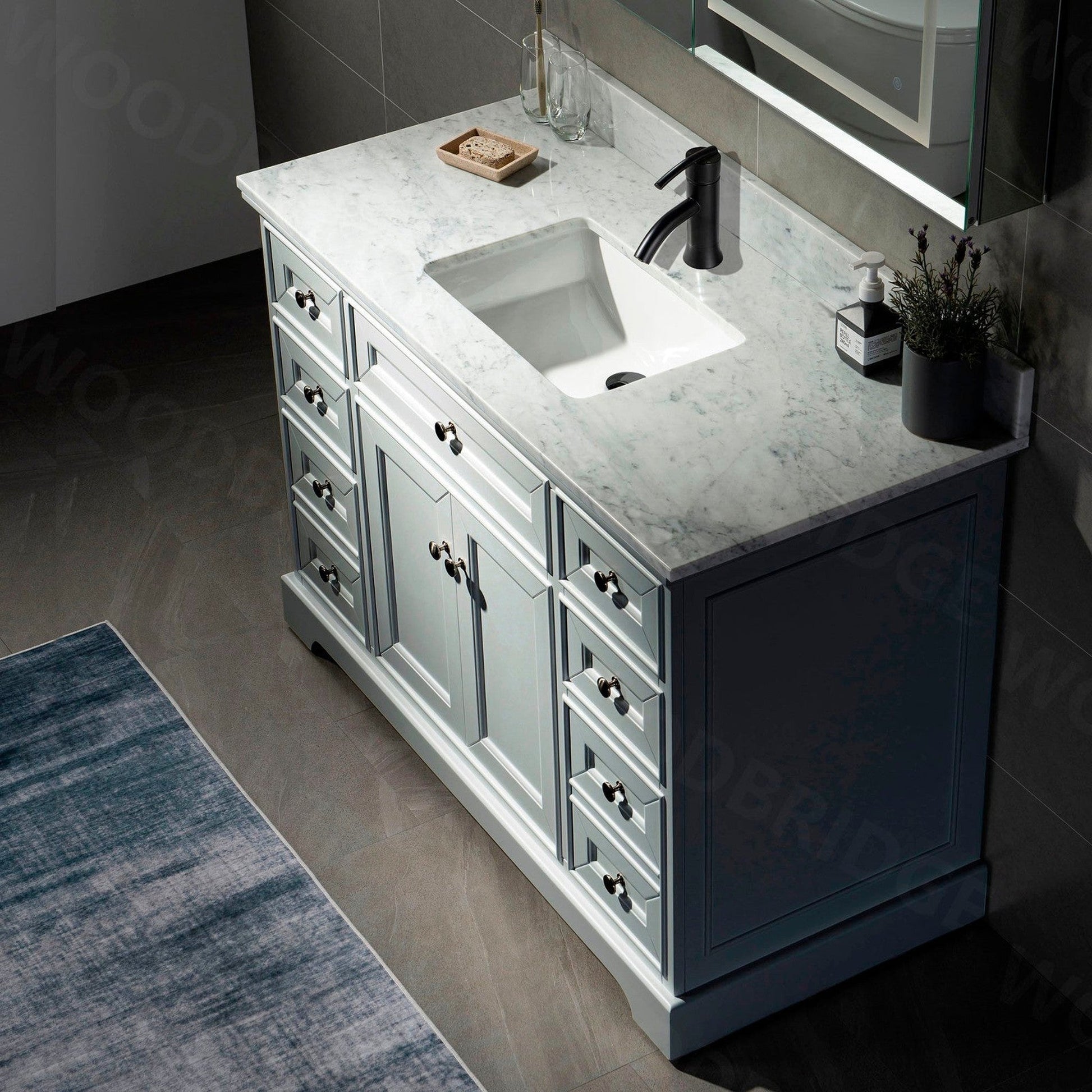 WoodBridge London 48" Gray Solid Wood Bathroom Vanity Base and Authentic Italian Carrara Marble Top, Rectangle Undermount Sink, 2 Soft Closing Doors and 6 Full Extension Dovetail Drawers With Single Faucet Hole