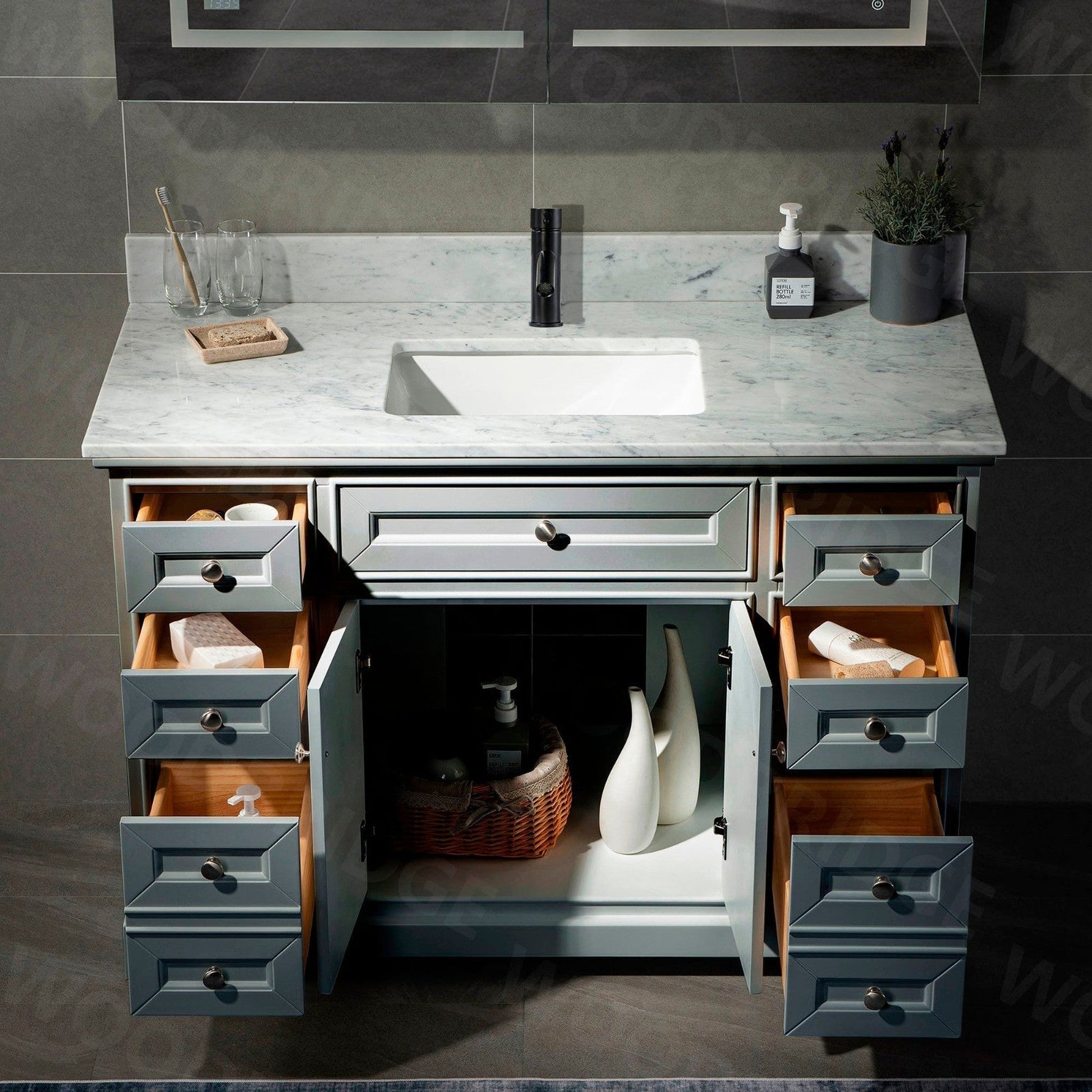 WoodBridge London 48" Gray Solid Wood Bathroom Vanity Base and Authentic Italian Carrara Marble Top, Rectangle Undermount Sink, 2 Soft Closing Doors and 6 Full Extension Dovetail Drawers With Single Faucet Hole