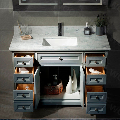 WoodBridge London 48" Gray Solid Wood Bathroom Vanity Base and Authentic Italian Carrara Marble Top, Rectangle Undermount Sink, 2 Soft Closing Doors and 6 Full Extension Dovetail Drawers With Single Faucet Hole