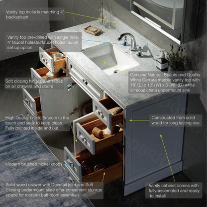 WoodBridge London 48" Gray Solid Wood Bathroom Vanity Base and Authentic Italian Carrara Marble Top, Rectangle Undermount Sink, 2 Soft Closing Doors and 6 Full Extension Dovetail Drawers With Single Faucet Hole