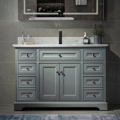 WoodBridge London 48" Gray Solid Wood Bathroom Vanity Base and Authentic Italian Carrara Marble Top, Rectangle Undermount Sink, 2 Soft Closing Doors and 6 Full Extension Dovetail Drawers With Single Faucet Hole