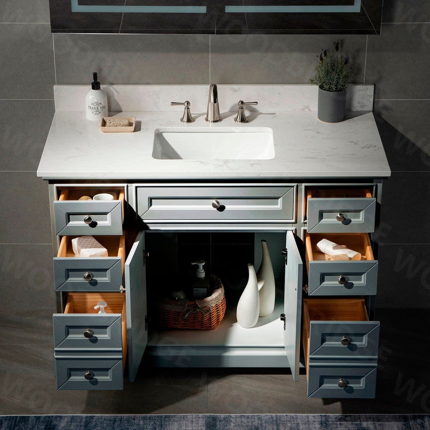 WoodBridge London 48" Gray Solid Wood Bathroom Vanity Base and Engineered Marble White Carrara Countertop, Rectangle Undermount Sink, 2 Soft Closing Doors and 6 Full Extension Dovetail Drawers With 8" Faucet Holes