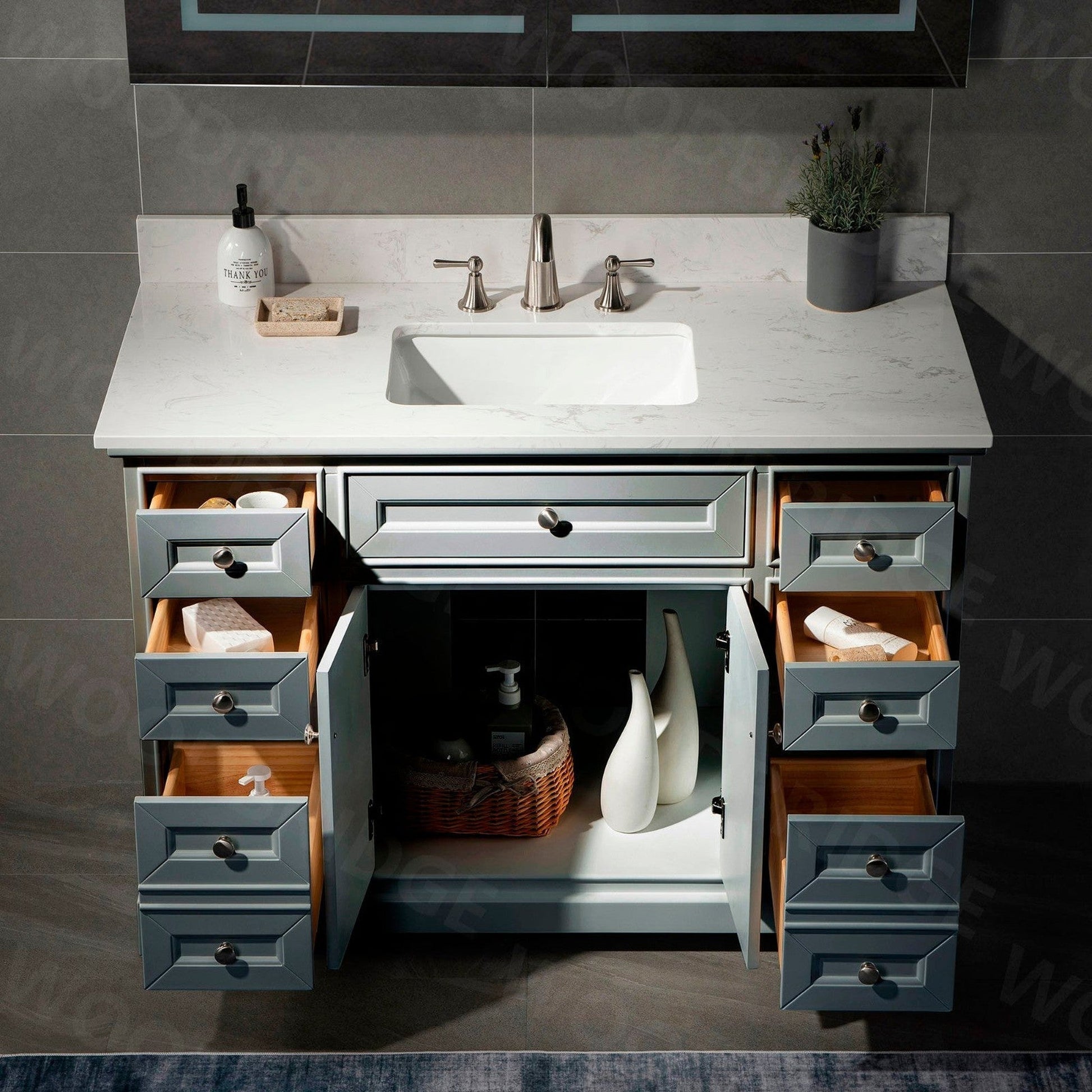 WoodBridge London 48" Gray Solid Wood Bathroom Vanity Base and Engineered Marble White Carrara Countertop, Rectangle Undermount Sink, 2 Soft Closing Doors and 6 Full Extension Dovetail Drawers With 8" Faucet Holes