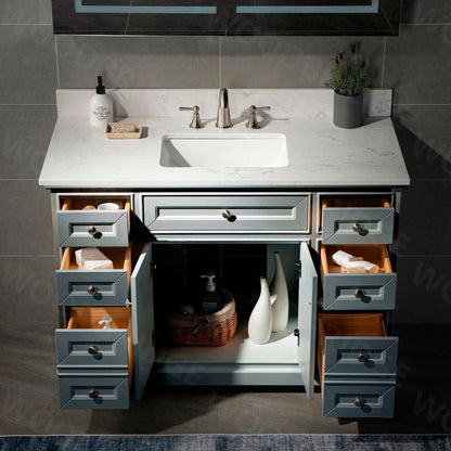 WoodBridge London 48" Gray Solid Wood Bathroom Vanity Base and Engineered Marble White Carrara Countertop, Rectangle Undermount Sink, 2 Soft Closing Doors and 6 Full Extension Dovetail Drawers With 8" Faucet Holes